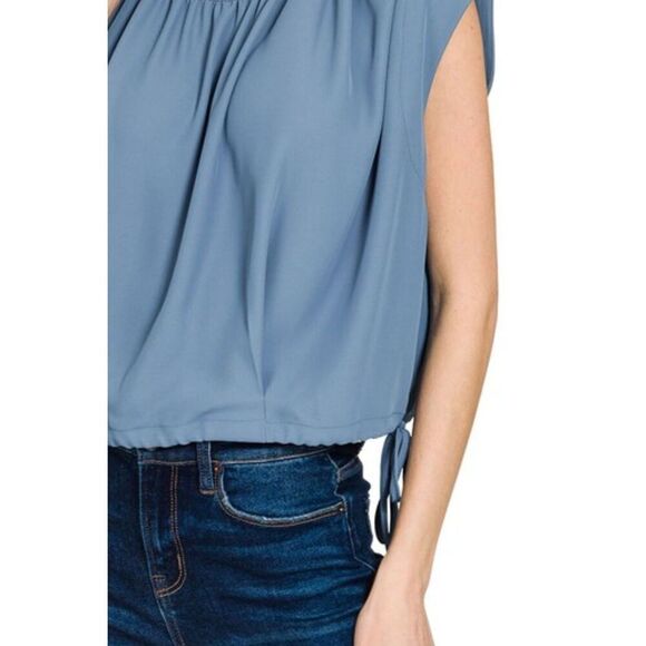 Zenana Oversized Trendy Casual Drawstring Waist Blue Tops For Women Sz Large - Picture 3 of 3